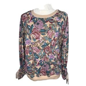 Entro Floral Print Crewneck‎ Sweater Women Size S Bow Sleeve